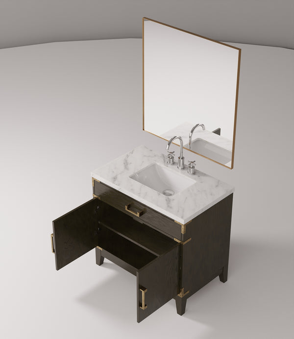 English Elm Brown Oak Single Bath Vanity 36" W with Carrara Marble Top, Chrome Gooseneck Faucet & 34" Mirror Set B2731S02008