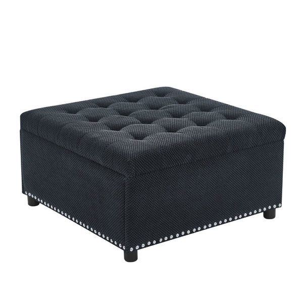 English Elm Storage Ottoman Tufted Nailhead Trim Lift Top Footstool for Living Room or Bedroom Black W5568P447086