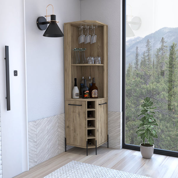 English Elm Corner Bar Cabinet with Ten Built-In Wine Slots, Cup Rack & Spacious Top Shelf for Entertaining Beige 28.74 L x 22.44 W x 4.72 H B097S00170