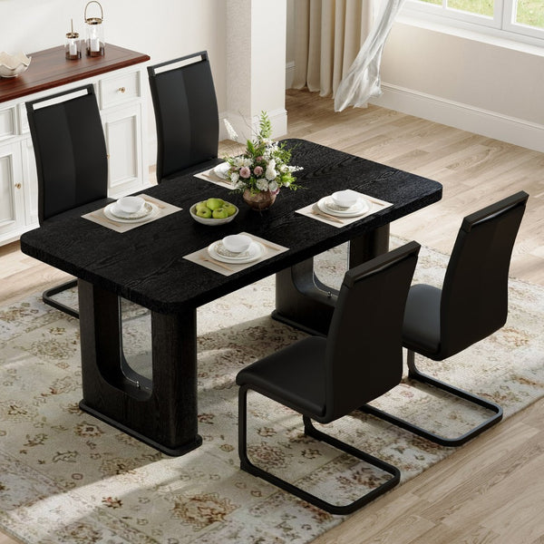 English Elm Table And Chair Set - Modern Black Wood Dining Table With 4 Ergonomic Pu Chairs & Stylish Legs W1151S04304-GIGA