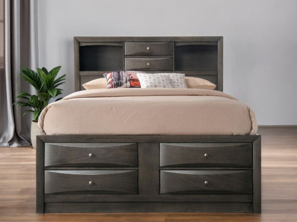 HomeRoots Gray Solid Wood King Bed Frame with Ten Drawers – Contemporary Design for Stylish Storage Solutions Eastern King 318715