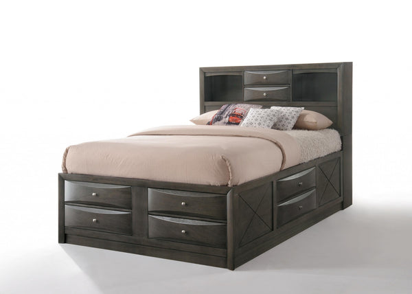 Homeroots Gray Solid Wood Queen With Ten Drawers Bed Frame  Solid Wood 318716