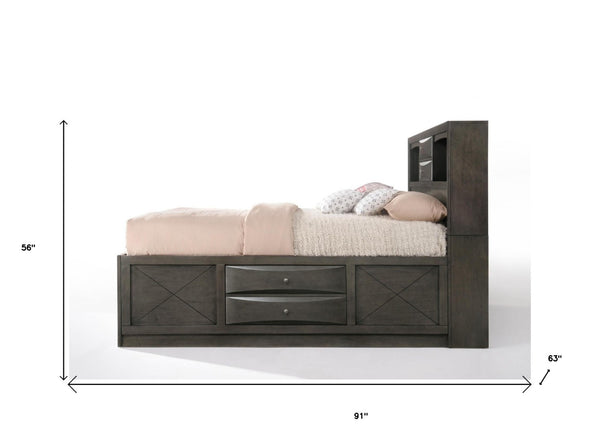 HomeRoots Gray Solid Wood King Bed Frame with Ten Drawers – Contemporary Design for Stylish Storage Solutions Queen 318716