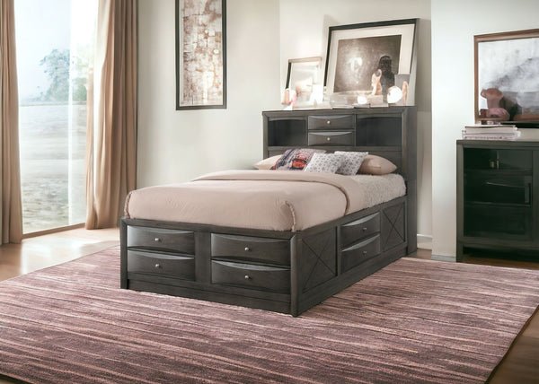 Homeroots Gray Solid Wood Queen With Ten Drawers Bed Frame  Solid Wood 318716