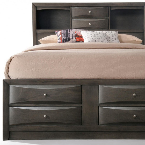 HomeRoots Gray Solid Wood King Bed Frame with Ten Drawers – Contemporary Design for Stylish Storage Solutions Queen 318716
