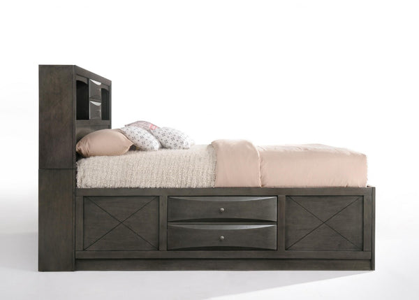 HomeRoots Gray Solid Wood King Bed Frame with Ten Drawers – Contemporary Design for Stylish Storage Solutions Full 318721