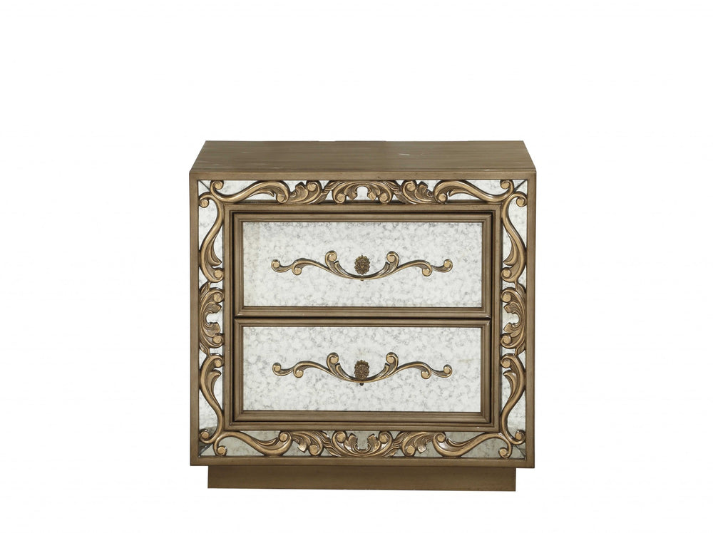 Homeroots 32" X 18" X 28" Antique Gold And Mirrored Poplar Nightstand   318728
