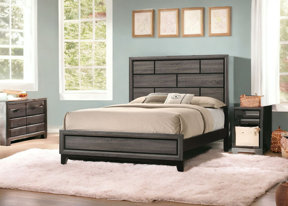 HomeRoots Gray Solid Wood Panel Bed Frame – Elegant Weathered Finish, Durable Construction & Transitional Design Queen 318743