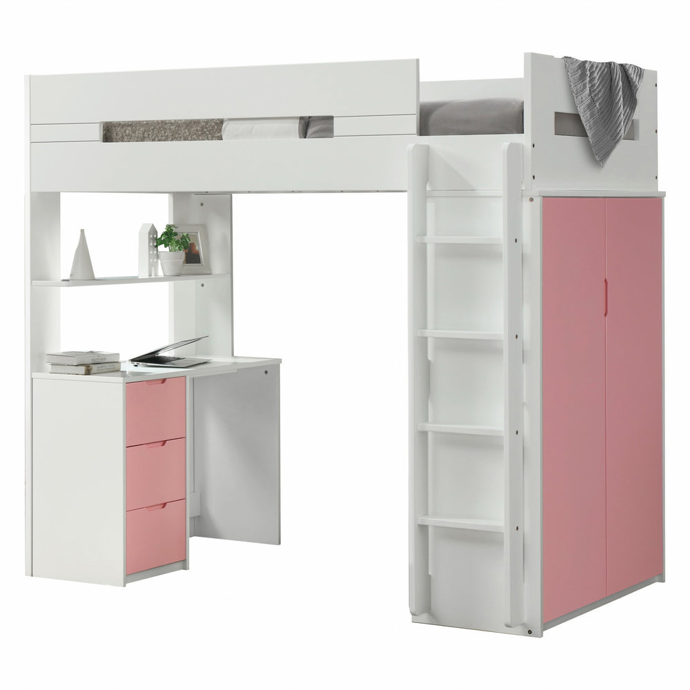 Homeroots White And Pink Twin Loft Bed And Desk White & Pink Wood 318773