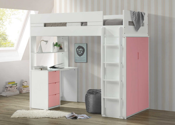 Homeroots White And Pink Twin Loft Bed And Desk White & Pink Wood 318773