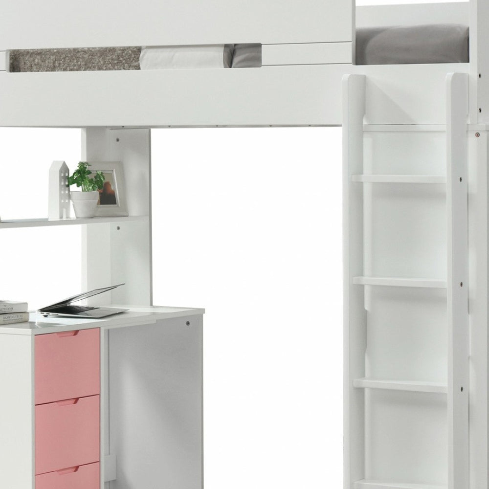 HomeRoots White Twin Loft Bed with Pink Desk - Space-Saving, Stylish Design for Kids' Rooms, Safe & Durable 318773