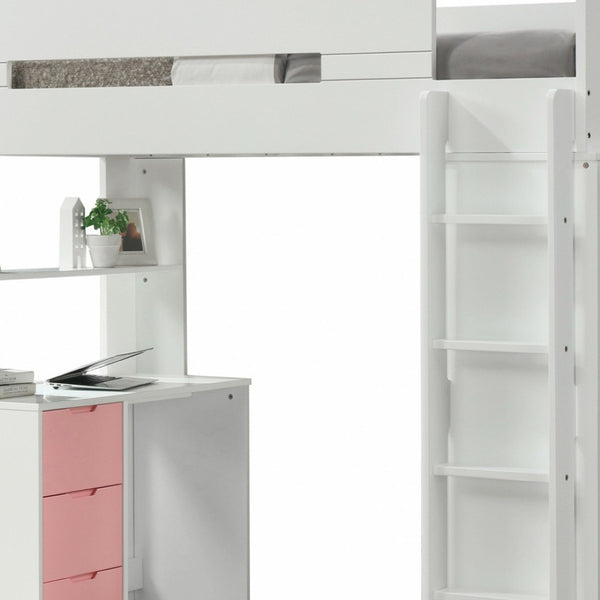 HomeRoots White Twin Loft Bed with Pink Desk - Space-Saving, Stylish Design for Kids' Rooms, Safe & Durable 318773