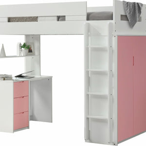 HomeRoots White Twin Loft Bed with Pink Desk - Space-Saving, Stylish Design for Kids' Rooms, Safe & Durable 318773