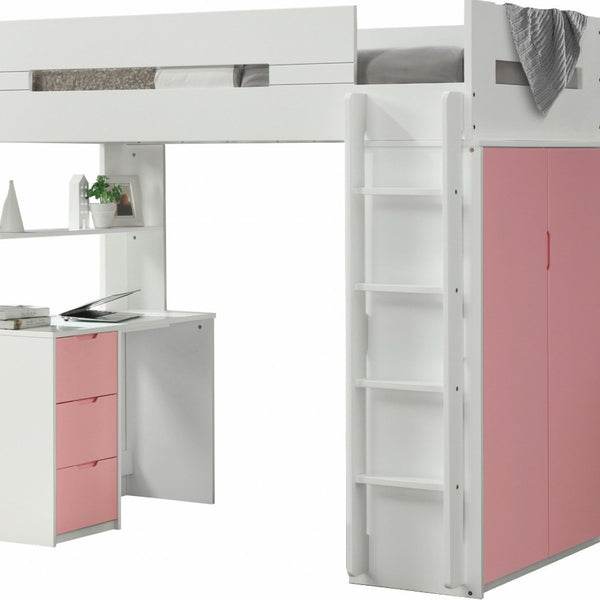 HomeRoots White Twin Loft Bed with Pink Desk - Space-Saving, Stylish Design for Kids' Rooms, Safe & Durable 318773