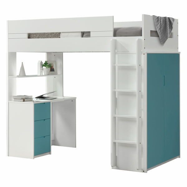 Homeroots White And Teal Twin Loft Bed And Desk White & Teal Wood 318774