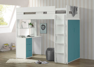 Homeroots White And Teal Twin Loft Bed And Desk White & Teal Wood 318774