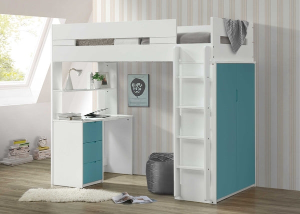 Homeroots White And Teal Twin Loft Bed And Desk White & Teal Wood 318774
