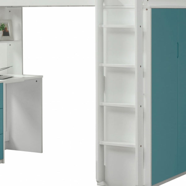 HomeRoots White Twin Loft Bed with Integrated Desk and Storage - Space-Saving Design for Kids' Rooms White & Teal 318774