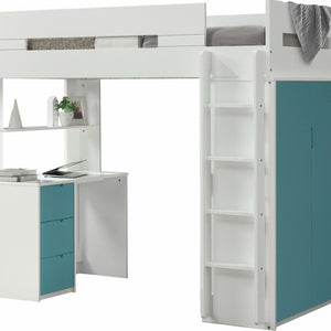 HomeRoots White Twin Loft Bed with Integrated Desk and Storage - Space-Saving Design for Kids' Rooms White & Teal 318774