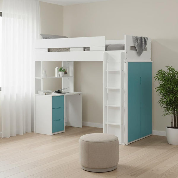 HomeRoots White Twin Loft Bed with Integrated Desk and Storage - Space-Saving Design for Kids' Rooms White & Teal 318774
