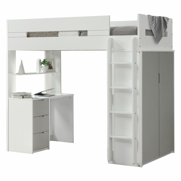 Homeroots White And Gray Twin Loft Bed And Desk White & Gray Wood 318775