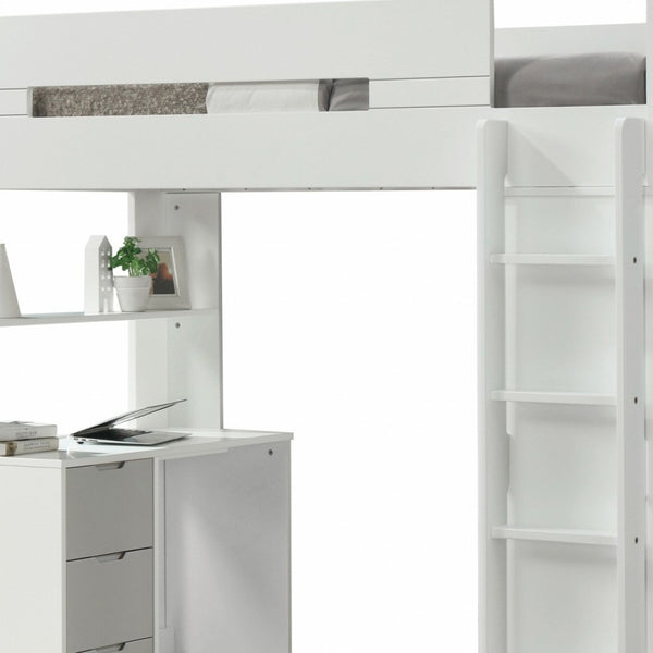 HomeRoots White Twin Loft Bed with Integrated Desk and Storage - Space-Saving Design for Kids' Rooms White & Gray 318775
