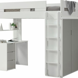 HomeRoots White Twin Loft Bed with Integrated Desk and Storage - Space-Saving Design for Kids' Rooms White & Gray 318775