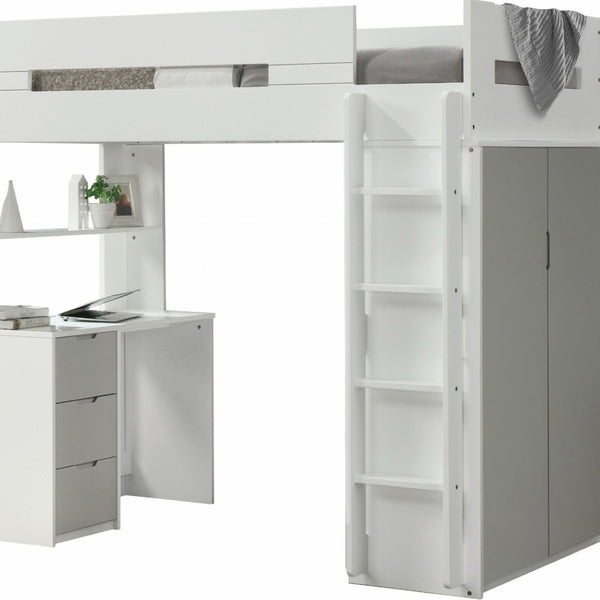 HomeRoots White Twin Loft Bed with Integrated Desk and Storage - Space-Saving Design for Kids' Rooms White & Gray 318775