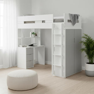 HomeRoots White Twin Loft Bed with Integrated Desk and Storage - Space-Saving Design for Kids' Rooms White & Gray 318775