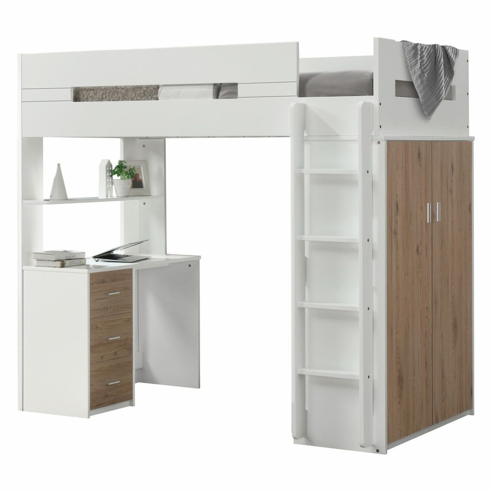 HomeRoots White Twin Loft Bed with Integrated Desk and Storage - Space-Saving Design for Kids' Rooms White & Oak 318776