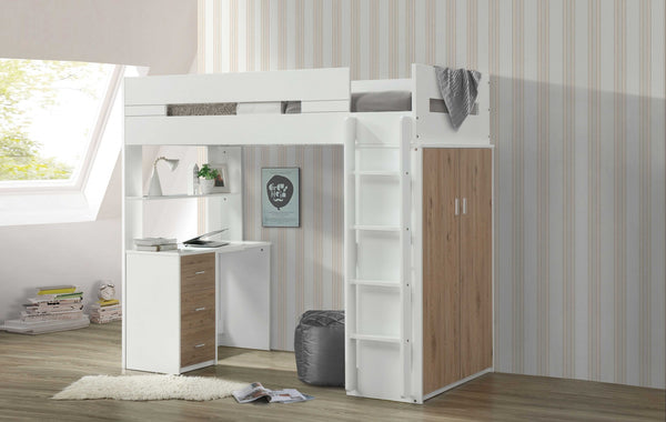 Homeroots White And Natural Twin Loft Bed And Desk White & Oak Wood 318776