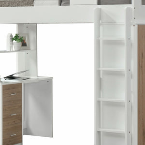 HomeRoots White Twin Loft Bed with Integrated Desk and Storage - Space-Saving Design for Kids' Rooms White & Oak 318776