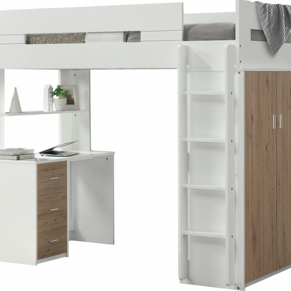 HomeRoots White Twin Loft Bed with Integrated Desk and Storage - Space-Saving Design for Kids' Rooms White & Oak 318776
