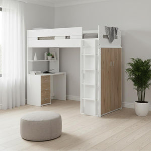 HomeRoots White Twin Loft Bed with Integrated Desk and Storage - Space-Saving Design for Kids' Rooms White & Oak 318776