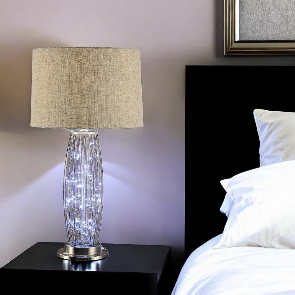 HomeRoots 28" Stylish Nickel Metal Mason Jar LED Table Lamp with Natural Shade for Cozy Ambience & Decor 318777