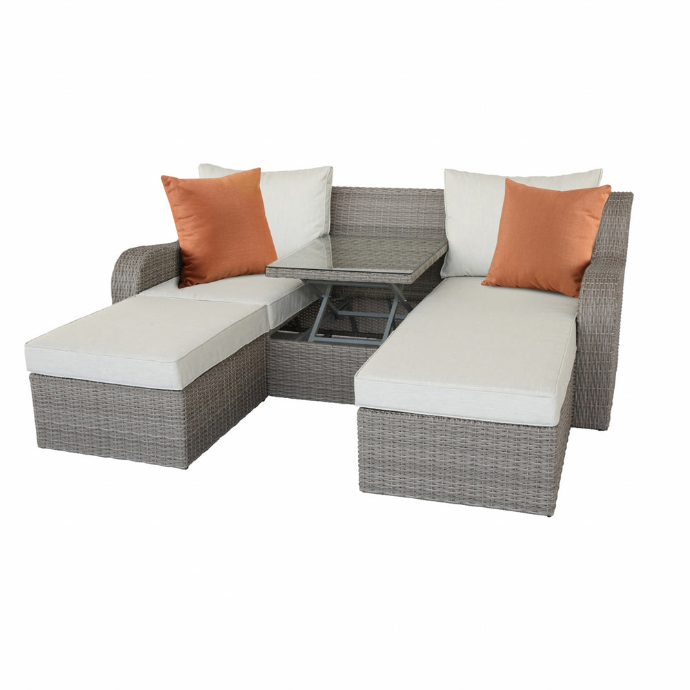 Homeroots Three Piece Outdoor Gray Wicker Sectional Seating Group With Beige Cushions   318796