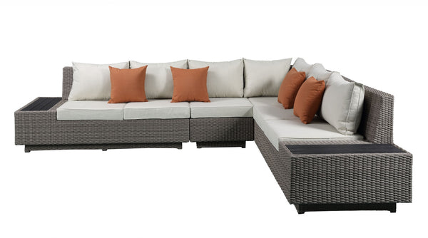 Homeroots Beige Polyester Modular L Shaped Four Piece Standard With Console And Toss Pillows   318798