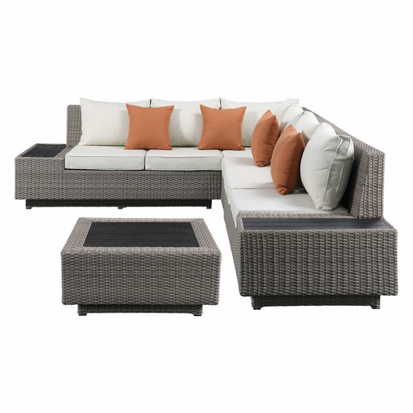 Homeroots Beige Polyester Modular L Shaped Four Piece Standard With Console And Toss Pillows   318798