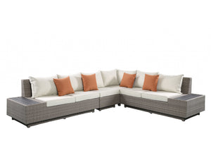 Homeroots Beige Polyester Modular L Shaped Four Piece Standard With Console And Toss Pillows   318798
