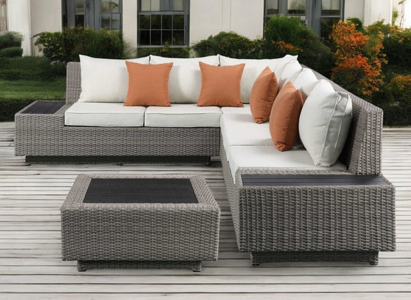 HomeRoots Beige Modular L-Shaped Sectional Set with Console & Toss Pillows - Versatile Outdoor Lounge Style 318798