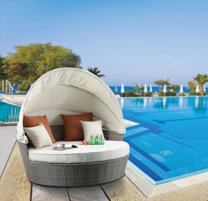 Homeroots Set Of Two Beige Fabric And Gray Wicker Patio Canopy Daybed   318799