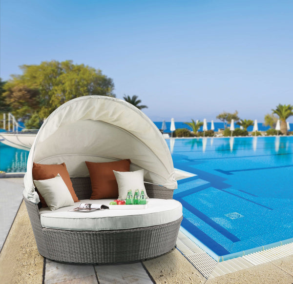 Homeroots Set Of Two Beige Fabric And Gray Wicker Patio Canopy Daybed   318799