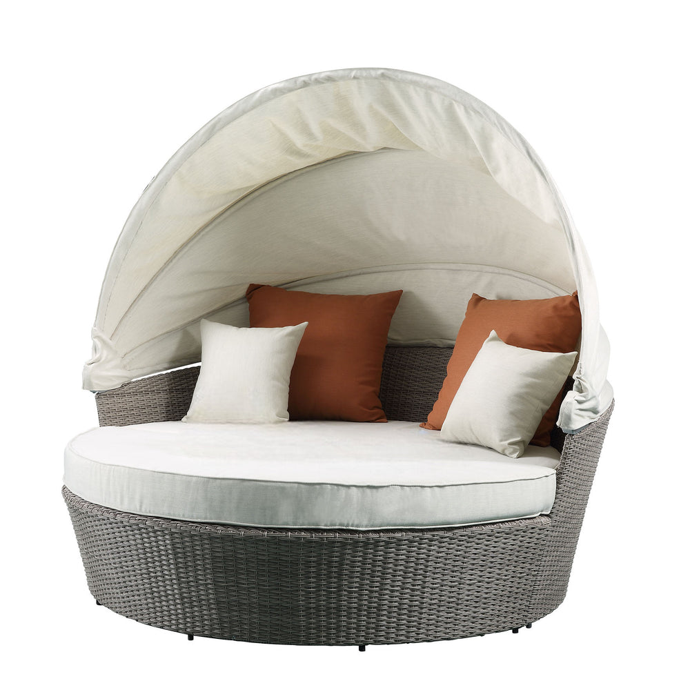 Homeroots Set Of Two Beige Fabric And Gray Wicker Patio Canopy Daybed   318799