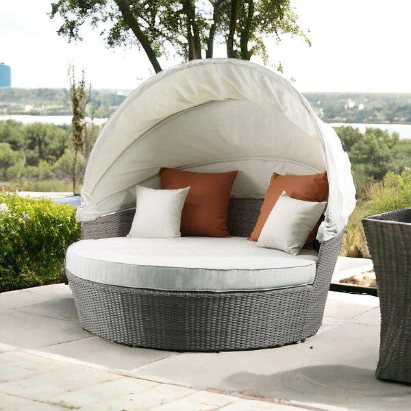Homeroots Set Of Two Beige Fabric And Gray Wicker Patio Canopy Daybed   318799