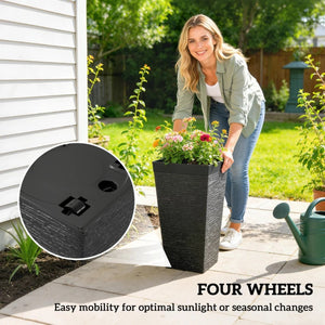 English Elm Modern Faux Stone Tapered Outdoor Planters Set of Three with Rolling Wheels Patio Ready T3971P459659