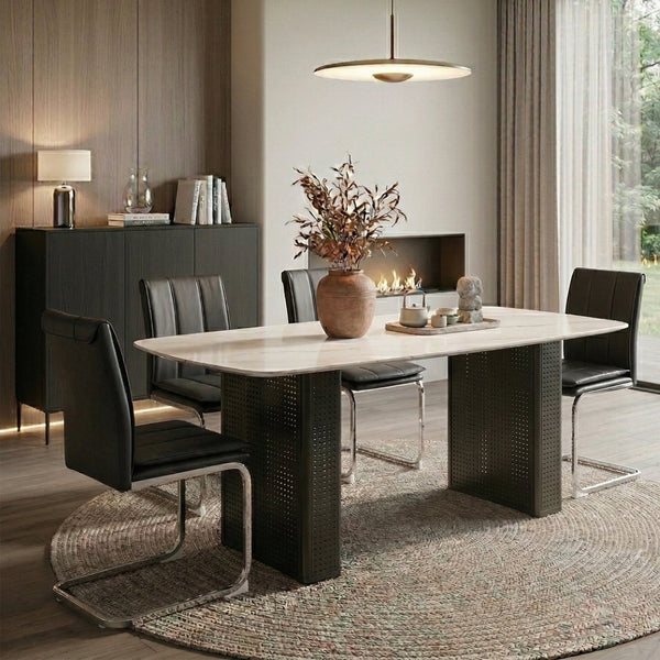 English Elm Modern Marble Glass Dining Table Gold Dual Pedestal Base Seats Eight Elegant W5123P397496