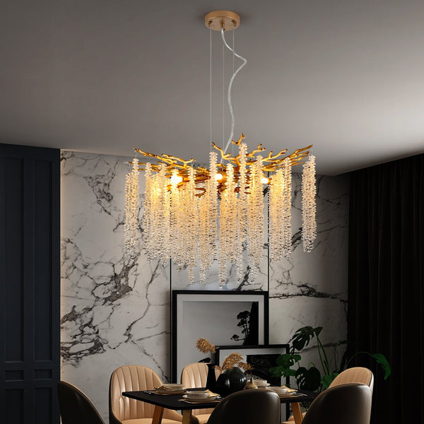 English Elm 24-inch Modern Golden Pendant Light with Crystal Cascade, 8-G9 Sconce Fixture for Living Room Elegance W2312P374973