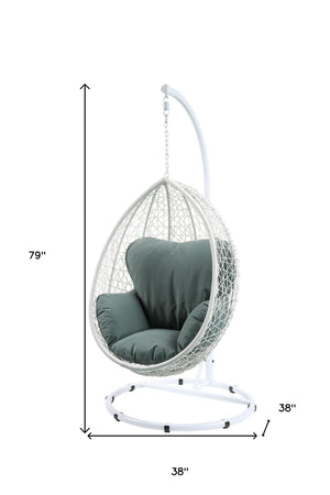 HomeRoots 38" Black Metal Swing Chair with Soft Cushion for Relaxation - Stylish Outdoor and Indoor Seating Green Fabric And White 318801