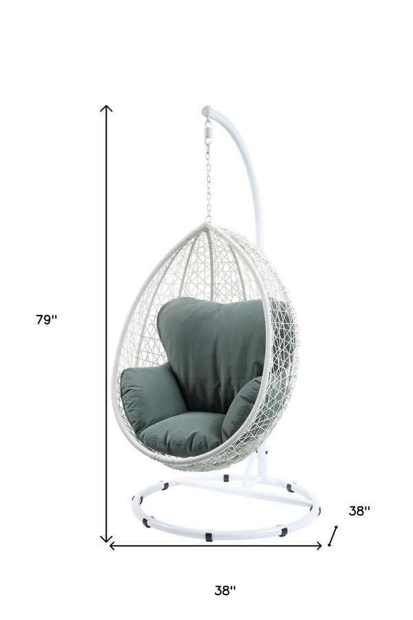 HomeRoots 38" Black Metal Swing Chair with Soft Cushion for Relaxation - Stylish Outdoor and Indoor Seating Green Fabric And White 318801
