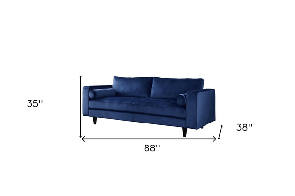 Homeroots 88" Navy Blue Velvet Sofa With Black Legs   318808